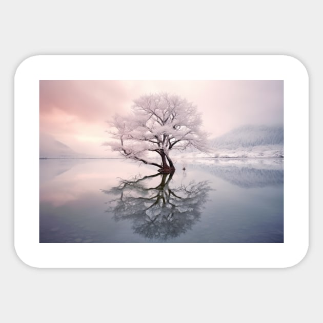 Tree In Calm Lake Serene Landscape Sticker by Cubebox